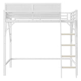 KEIKI Full Size Metal Loft Bed Frame with Ladder and Built-in Storage Shelves, for Teens, Modern Style Loft Bed with Solid Slats, Guardrail, No Box Spring Required, Easy Assembly, for Bedroom, White KEIKI