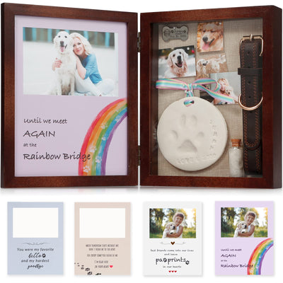 JupDec Dog Memorial Gifts Pet Shadow Box Wooden Picture Frame with Clay Paw Print Kit for Loss of Dog & Cat Remembrance Sympathy Deep Display Case for Keepsake Collar Hair (Brown)