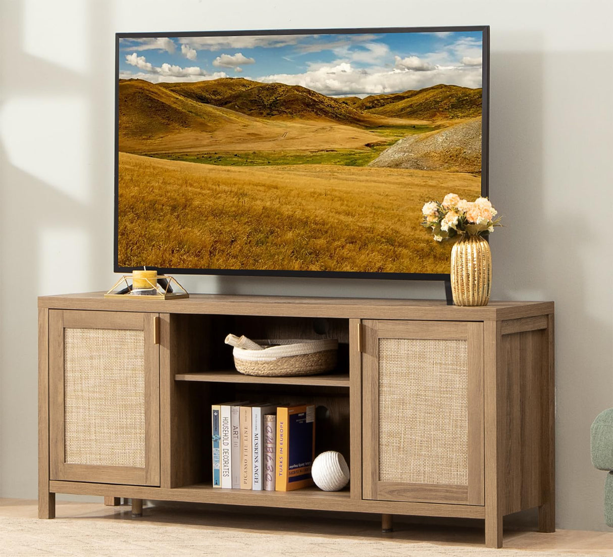 SICOTAS TV Stand for Living Room : Rattan TV Console Cabinet with Storage and Shelf, Boho Entertainment Center, 59" Media Console for 55, 65 Inch TV, 26" Tall Wood Television Stands, Oak SICOTAS