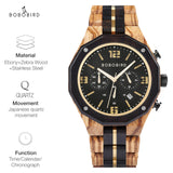 BOBO BIRD Men's Wooden Watch Sport Fashion Wristwatch Casual Chronograph Quartz Watches Men's Wood Stainless Steel Strap Watch with Date Display (Black) BOBO BIRD