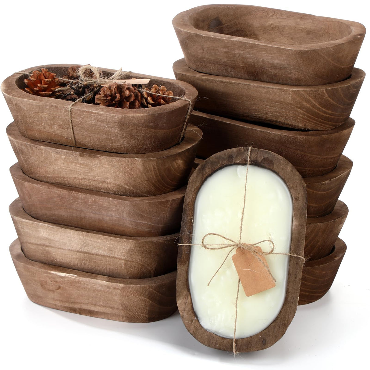 Tioncy 12 Pcs Wooden Dough Bowls for Candle Making Rustic Wood Dough Bowl Bulk Decorative Wooden Bowls for Decor Hand Carved Paulownia Wood Bowls with Cards for Food Bread Fruits Farmhouse Home Decor Tioncy