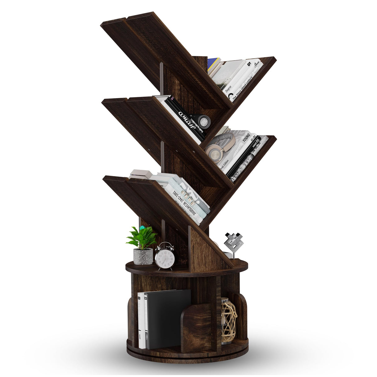 UniRodea Rotating Bookshelf Tree, 5 Tier Space Saving Narrow Bookcase, Unique 360° Spinning Tower, Premium Wood Corner Book Shelf for Kids or Office, Tall Standing Storage Organizer UniRodea