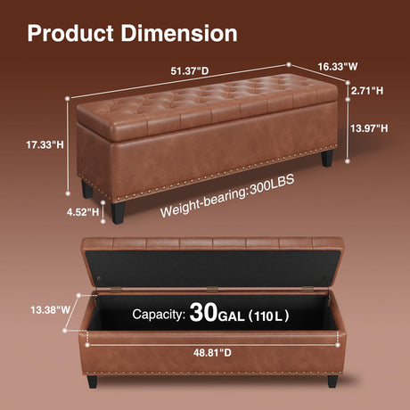 FiveWillowise Storage Bench, 51-Inch Large Storage Ottoman, 30 Gallons, Modern Faux Leather Ottoman with Storage, Rectangle Storage Ottoman Bench for Bedroom, Living Room, Entryway, Hallway, Brown FiveWillowise