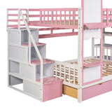 Full-Over-Full Bunk Bed, Castle Style Bunk Bed with 2 Drawers and 3 Shelves, Solid Wood Bunk Beds with Slide and Storage Staircase, Playhouse Low Bunk Bed for Kids Teens Boys Girls (Pink-O273) Aiuyesuo
