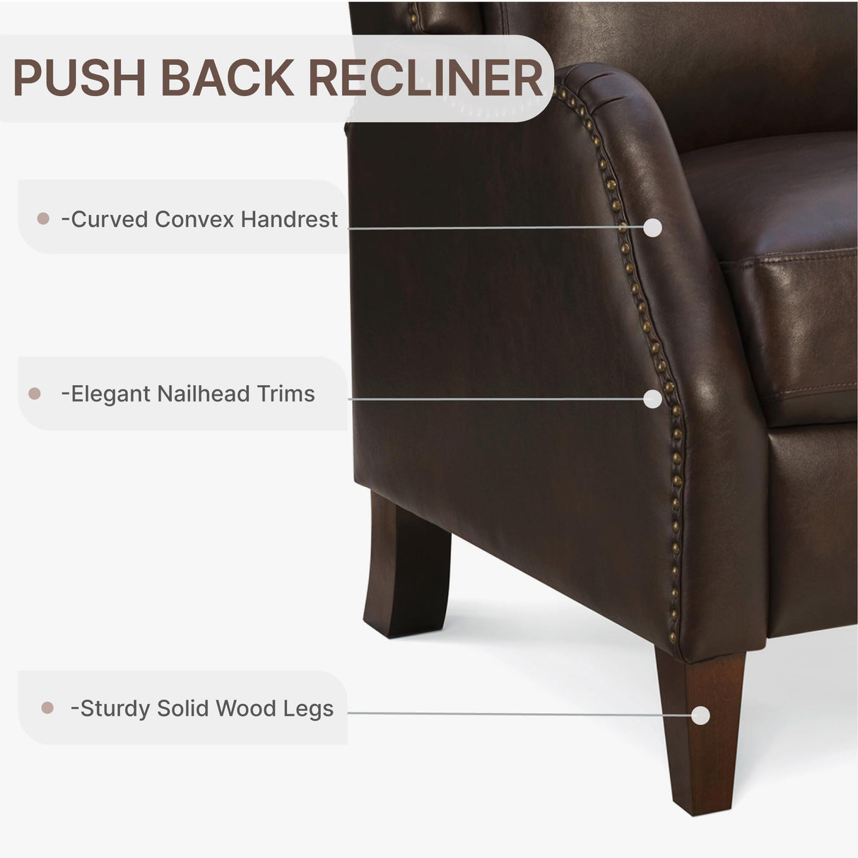 KISLOT Leather Pushback Recliner Faux Armchair with Rivet Decoration Single Sofa Accent Chair for Living Room Bedroom KISLOT
