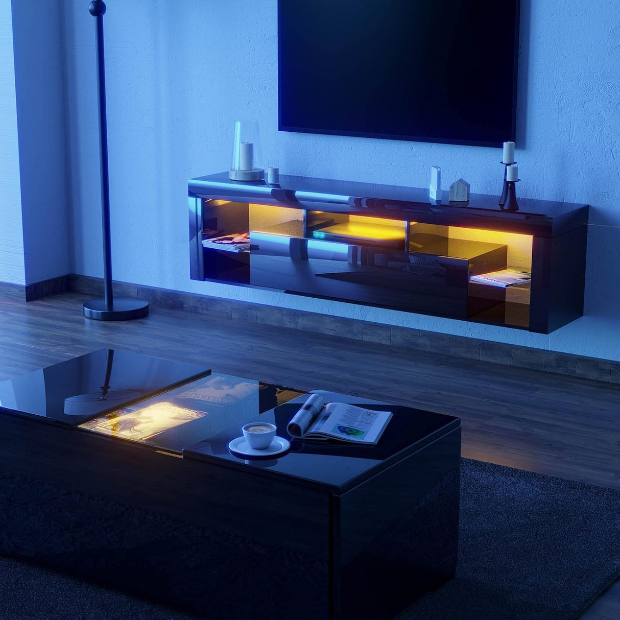 Gitua Floating TV Stand Wall Mounted, High Gloss LED Floating Entertainment Center with Storage&Adjustable Glass Shelf, TV Stand for 65 Inch TV, Gaming Media Center Console Table with Lights, Black Gitua