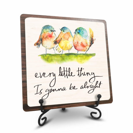 5" Wooden Sign Gift With Iron Stand-Every Little Thing Is Gonna Be Alright - Watercolor Adorable Birds, Positive Reminder,Office & Home motivational wood plaque, Desk Decor & Accessories- A08 Nuckxy