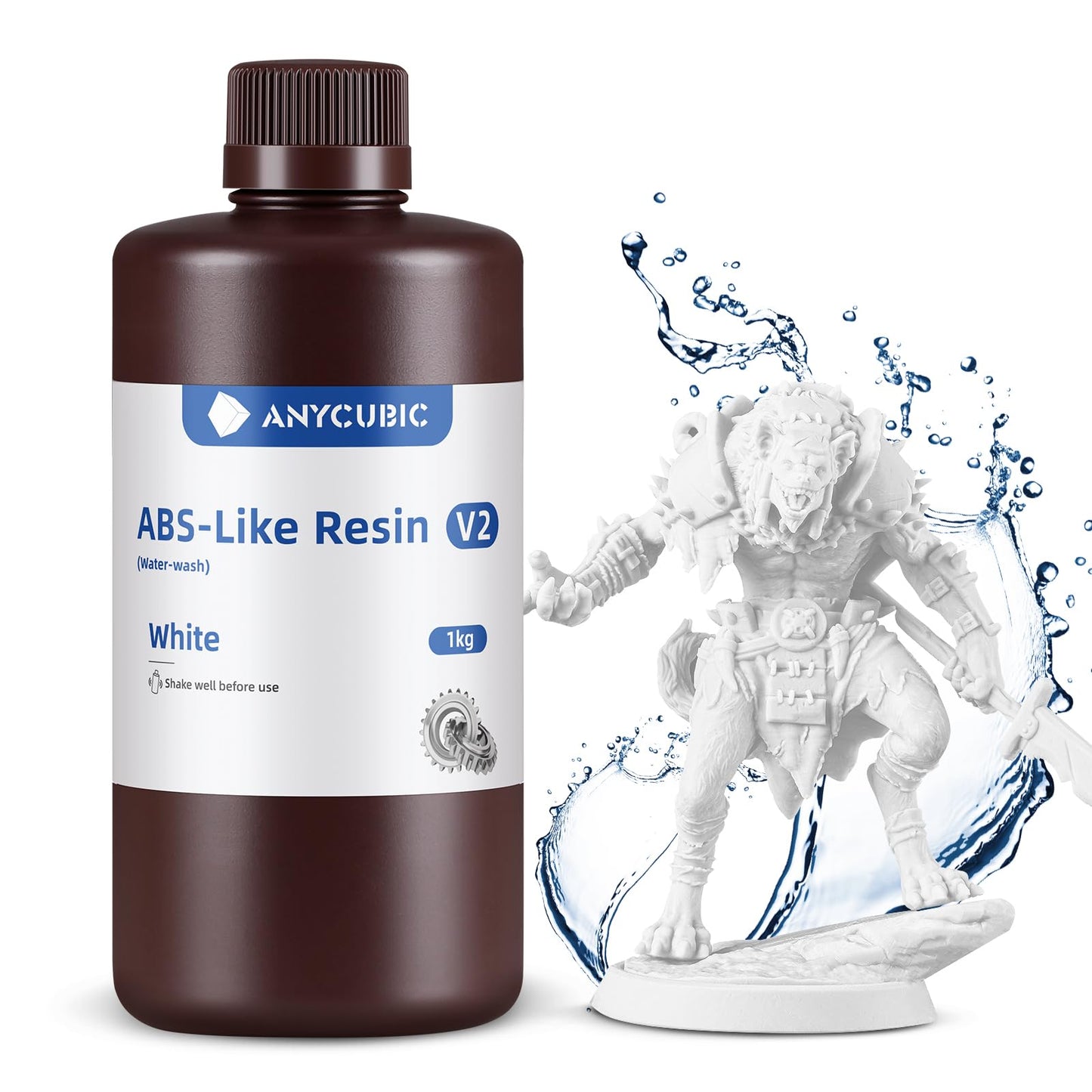 ANYCUBIC Water Washable ABS-Like 3D Printer Resin, High Toughness and Durability, High Precision and Easy to Post-Process, Low Odor, Wide Compatibility for All LCD Resin 3D Printers (White, 1kg)