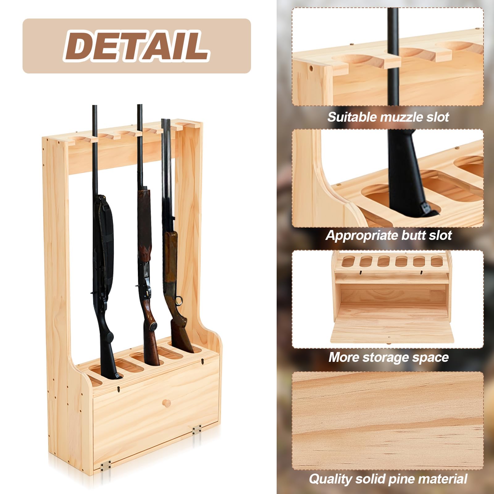 Soaoo Gun Rack with Storage Wood Gun Storage Display Rack Solid Pine Standing Gun Storage Rack Standing Rifle Rack Shotgun Storage Display Rack (6 Gun Floor Rack) - WoodArtSupply