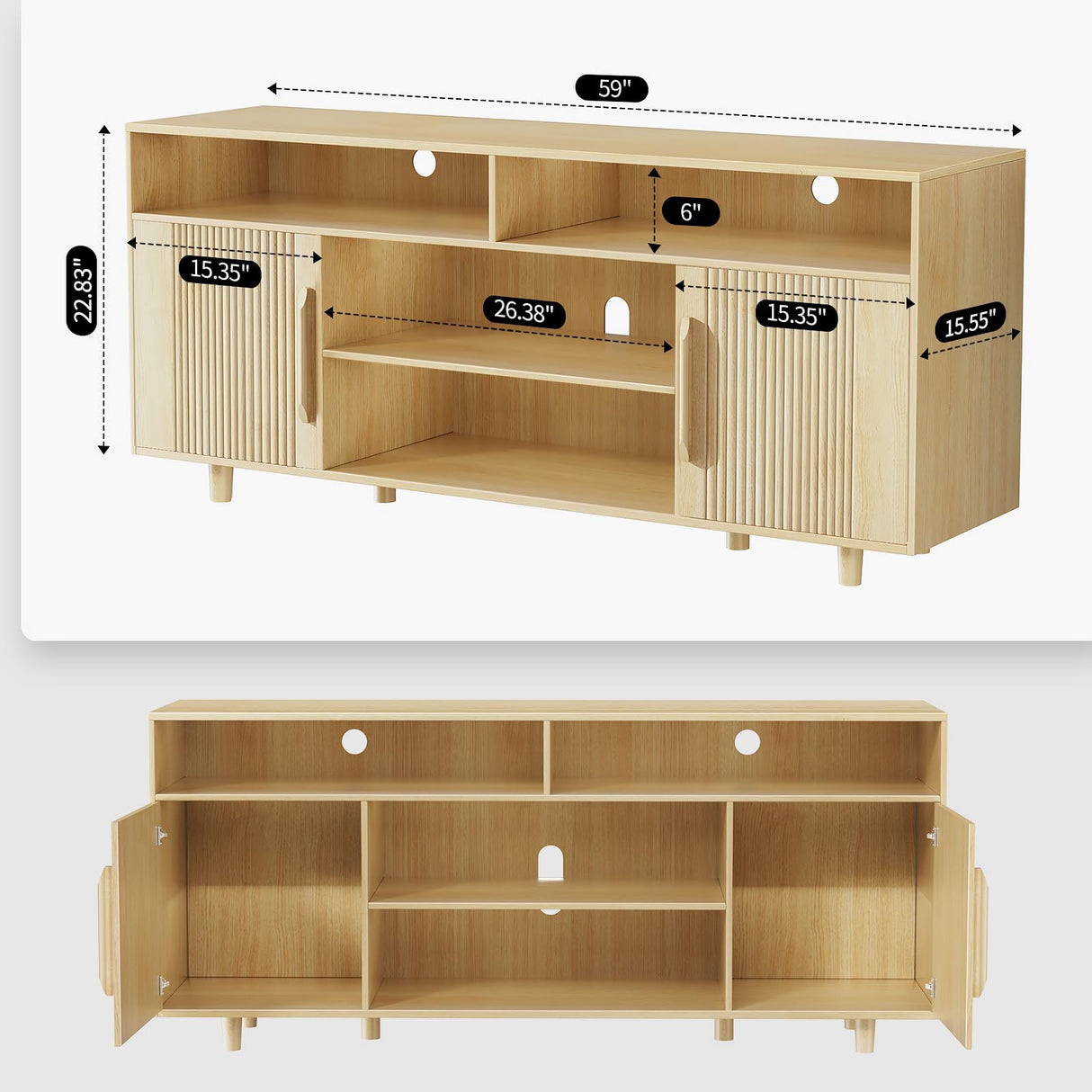 AntsandAnts TV Stand for 70 Inch TV, Fluted Modern Entertainment Center with Storage, Media Console Cabinet w/Adjustable Shelves & Doors, Wood TV Stands for Living Room, Bedroom, Natural Oak AntsandAnts