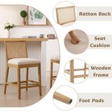 BESTANO Rattan Counter Stools Set of 4, 26 Inches Modern Counter Height Bar Stools Farmhouse Wooden Barstools with Back, Boho Linen Fabric Upholstered Kitchen Island Chairs, Cream BESTANO