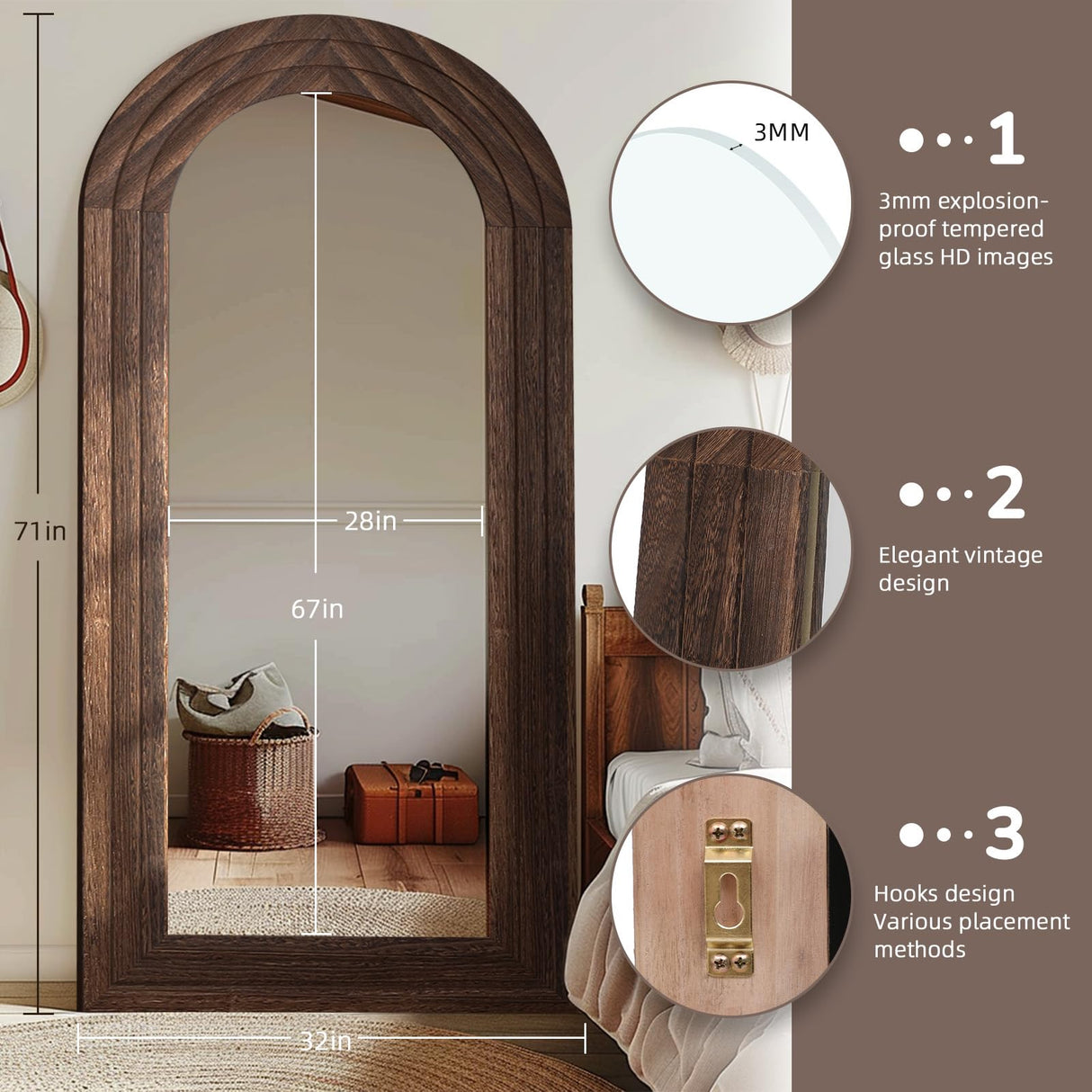 ZHUNFA Arched Full Length Mirror with Solid Wood Frame, 71x32 Farmhouse Wall Mounted Floor Mirror with Stand, Vertical Hanging, Leaning Standing for Bedroom, Living Room, Brown ZHUNFA