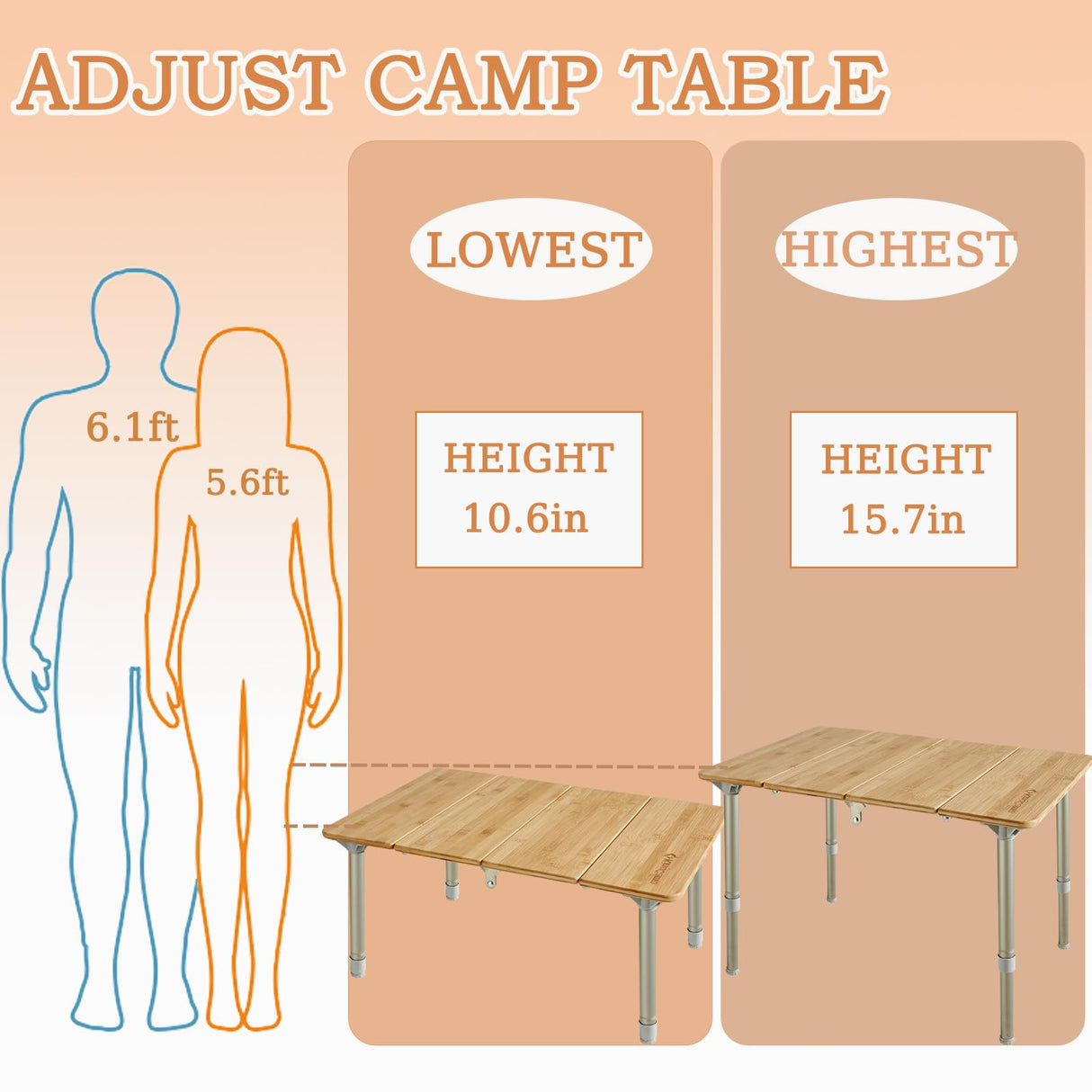 KingCamp Bamboo Folding Table Lightweight Camping Table with Adjustable Height Aluminum Legs 4-Fold Compact Small Portable Camp Tables for Travel RV Picnic Party Beach, 1-2 Person KingCamp