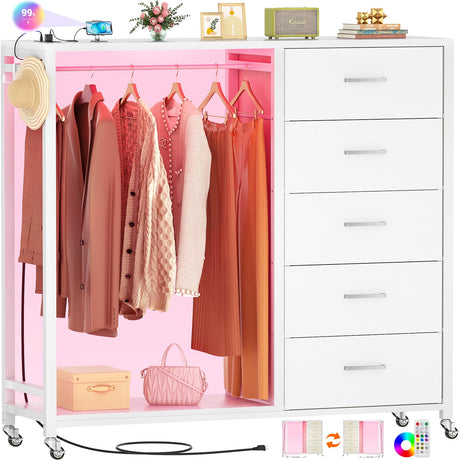 Cyclysio Dresser with Clothes Rack, 5 Drawers Dresser with Charging Station & LED Lights, White Storage Unit, Closet Cyclysio