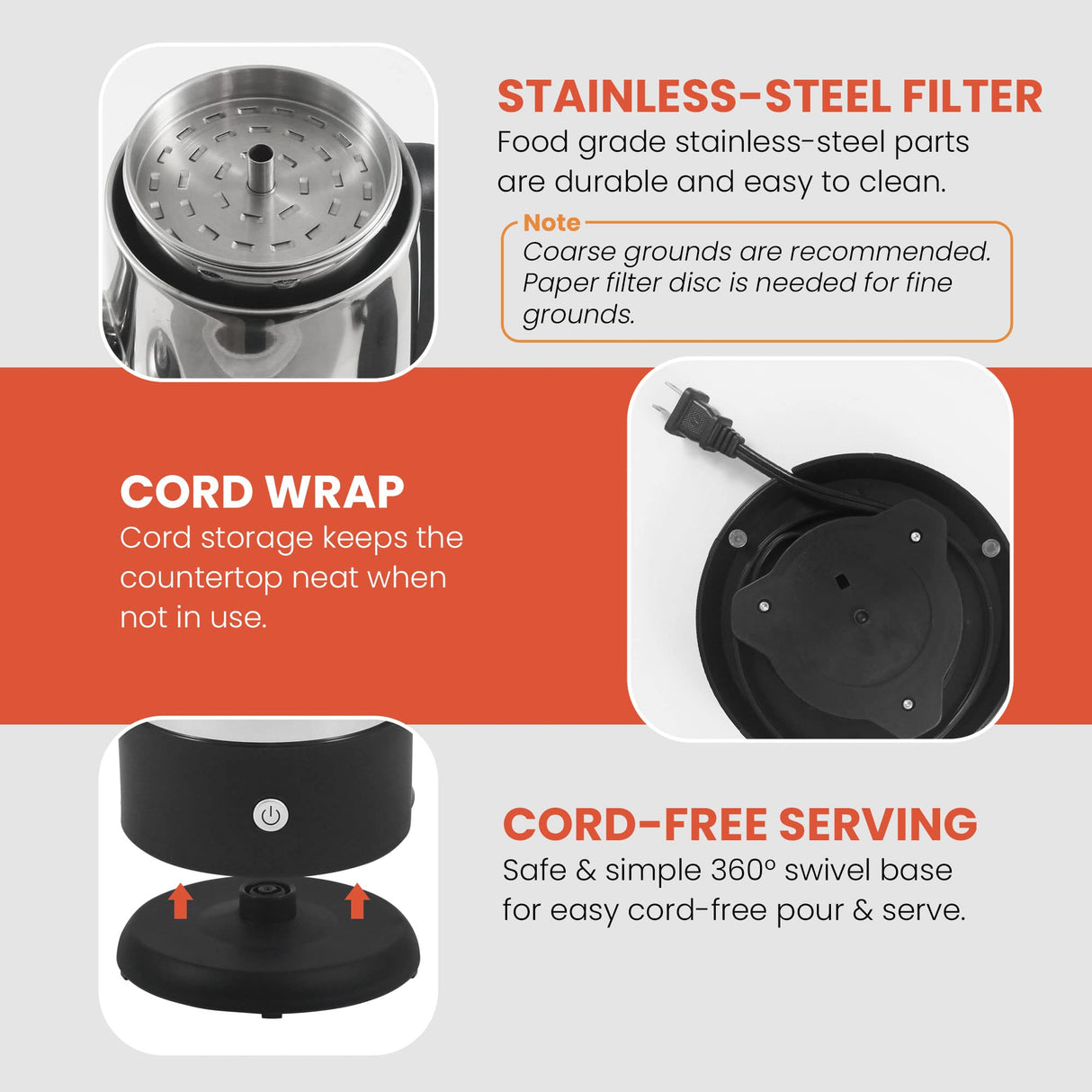 Elite Gourmet EC812 Electric 12-Cup Coffee Percolator with Keep Warm, Clear Brew Progress Knob Cool-Touch Handle Cord-less Serve, Stainless Steel Elite Gourmet