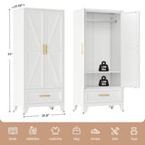 LCAOPC 71" Tall Metal Wardrobe Cabinet with Drawer and Hanging Rod, 2 Doors Armoire Wardrobe Closet with Shelf for Bedroom, Office, Laundry Room, White LCAOPC