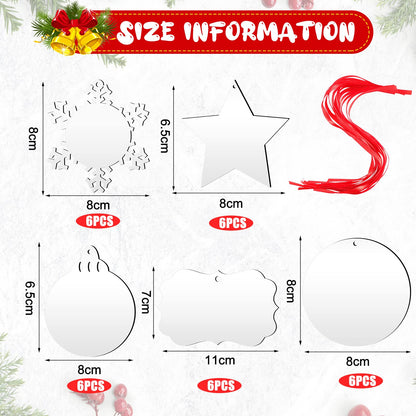 30 Pieces Sublimation Ornament Blank Sublimation Double Sided Blanks Christmas Ornament Blank Personalized Sublimation Blank Pendants DIY Sublimation Pendant Blank with Red Ribbon (Snowflake Style)