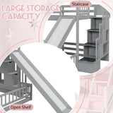 Duxelifin Twin Over Full Bunk Beds with Slide and Stairs, Low Bunk Bed Frame with Rails, Convertible Wood Bunk Bed with Storage Staircase for Kids Boys Girls, Gray Duxelifin