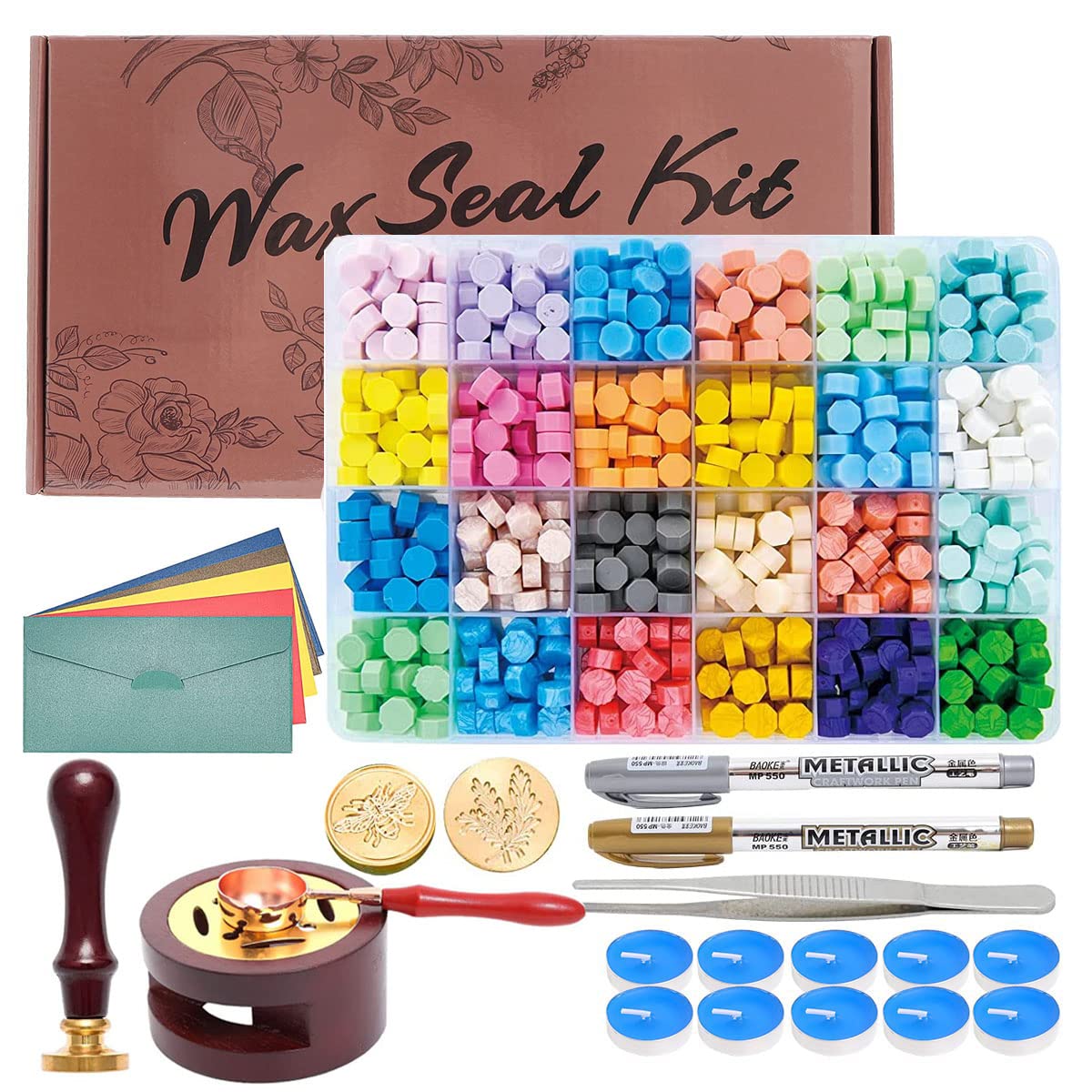 iTERYOU Wax Seal Kit - 624Pc Stamp Kit with 24 Colors, Spoon, 10 Tea Candles, Warmer, Pen Iteryou