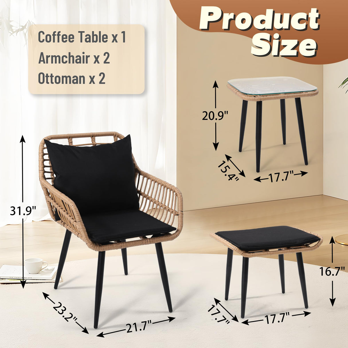 KROFEM Outdoor Wicker Chairs and Table Bistro Conversation Furniture Set, 5 Pieces with Ottoman for Porch, Balcony, Deck, Patio, Backyard, Natural Color KROFEM