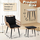 KROFEM Outdoor Wicker Chairs and Table Bistro Conversation Furniture Set, 5 Pieces with Ottoman for Porch, Balcony, Deck, Patio, Backyard, Natural Color KROFEM