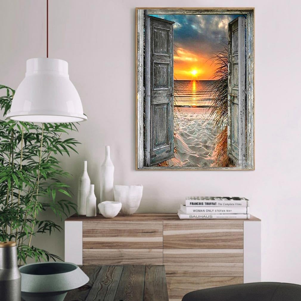 MIRCVSH Sunset Beach Paint by Numbers for Adults-Landscape Paint by Number on Canvas with Wooden Framed,DIY Acrylic Oil Painting by Number Kits for Adults Gift Home Wall Decor(12x16inch) MIRCVSH