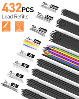 FourCandies 25PCS Art Mechanical Pencil Set with Case, 3PCS Metal Artist Lead Pencil 0.5, 0.7, 0.9 mm & 3PCS 2mm Lead Holder(HB 2H 2B 4B Color) with 432PCS Graphite Lead Refills for Drawing Sketching Four Candies