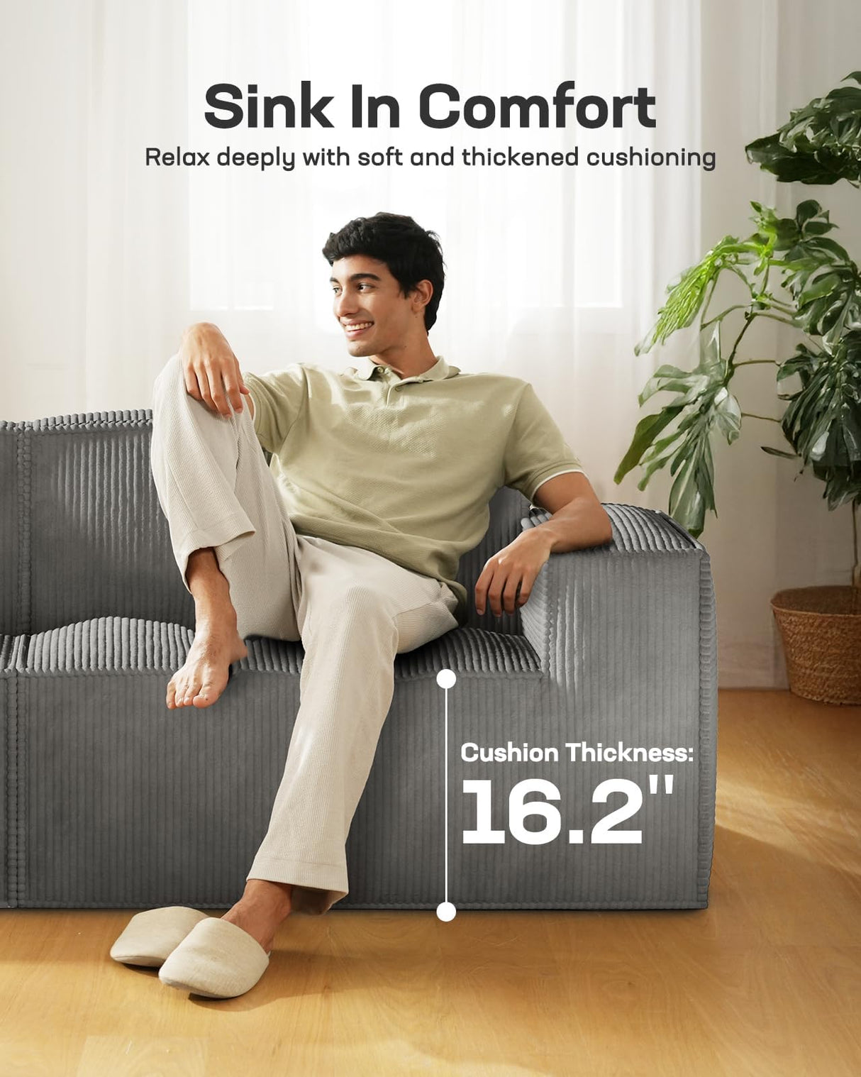 Marsail 111" L-Shape Sofa, Modular Cloud Couches with Deep Seats & High-Back, Corduroy Sectional Sofa for Living Room Bedroom with Ottoman, No Assembly Required, Grey Marsail