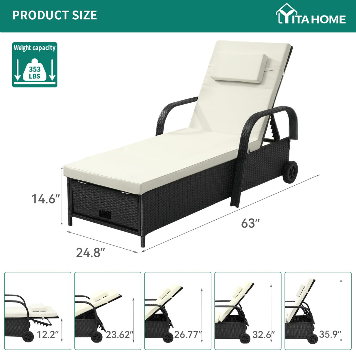 YITAHOME Chaise Lounge Chair with Storage, Wicker Patio Lounge Set of 2 with 5-Position Backrest, Rattan Pool Reclining with Headrest, Arm, Cushion, and Wheel for Poolside Balcony Garden(Black+Beige) YITAHOME