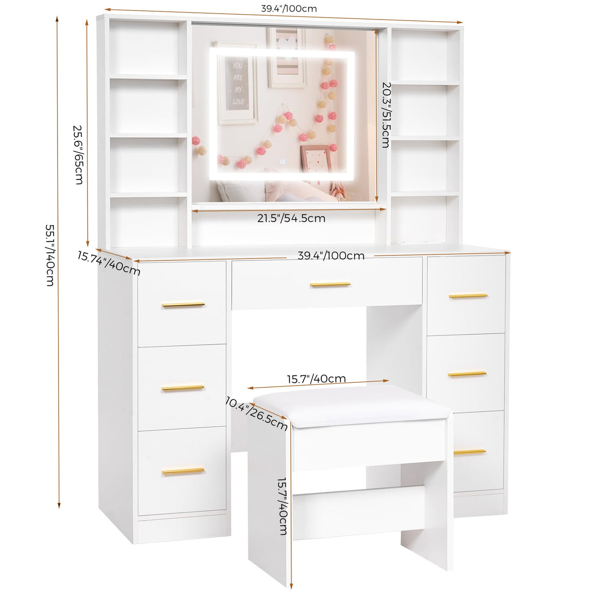 ANWBROAD Vanity Desk Table with Lighted Mirror and Lights Makeup Vanity Desk 39.4“ with Power Outlet 3 Colors Lighting Adjustable Brightness Vanity Table for Bedroom Dressing Room (White + 7 Drawers) ANWBROAD