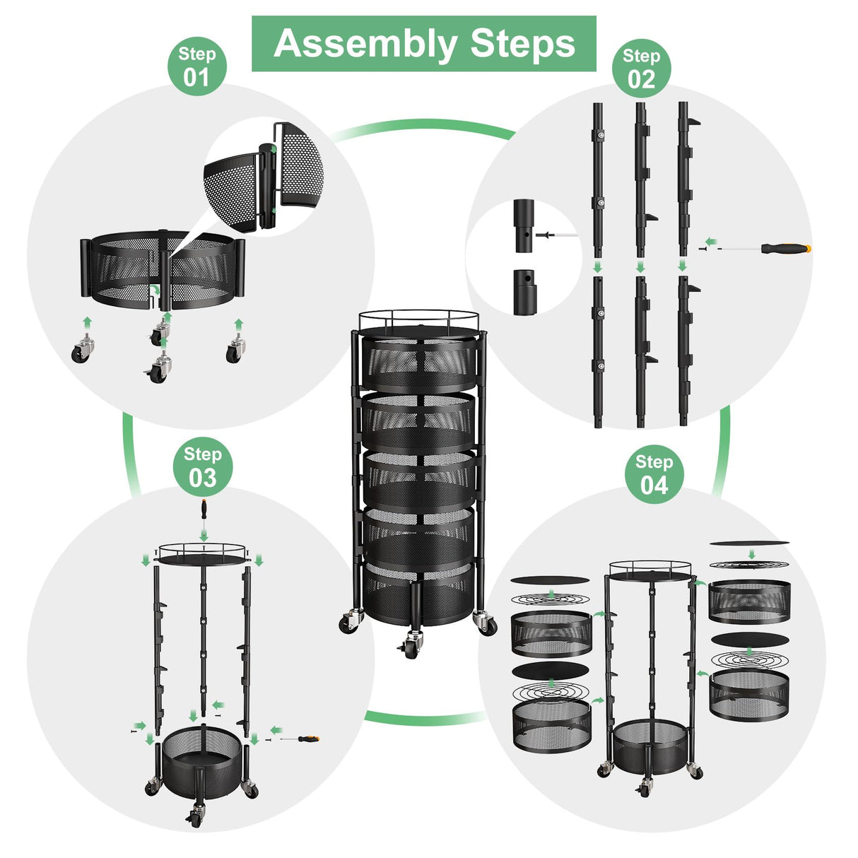 SAYZH Fruit Vegetable Basket for Kitchen, Rotating Storage Rack, 5 Tier Rolling Cart with top lid, Large Metal Wire Wheels, Black SAYZH