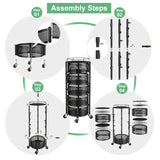 SAYZH Fruit Vegetable Basket for Kitchen, Rotating Storage Rack, 5 Tier Rolling Cart with top lid, Large Metal Wire Wheels, Black SAYZH