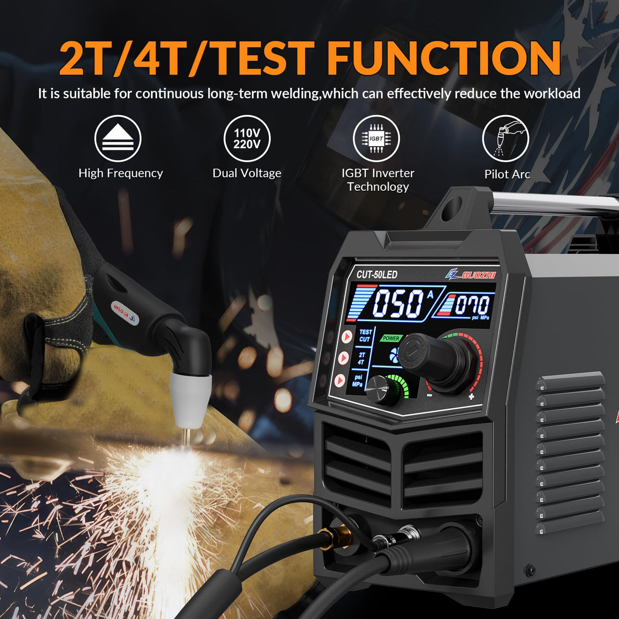 GZ GUOZHI Plasma Cutter, [Large LED Display] 50Amps Cutter Machine with 110/220V Dual Voltage DC Inverter IGBT 1/2 Inch Clean Cut Post Flow and 2T/4T, for Beginners DIY GZ GUOZHI