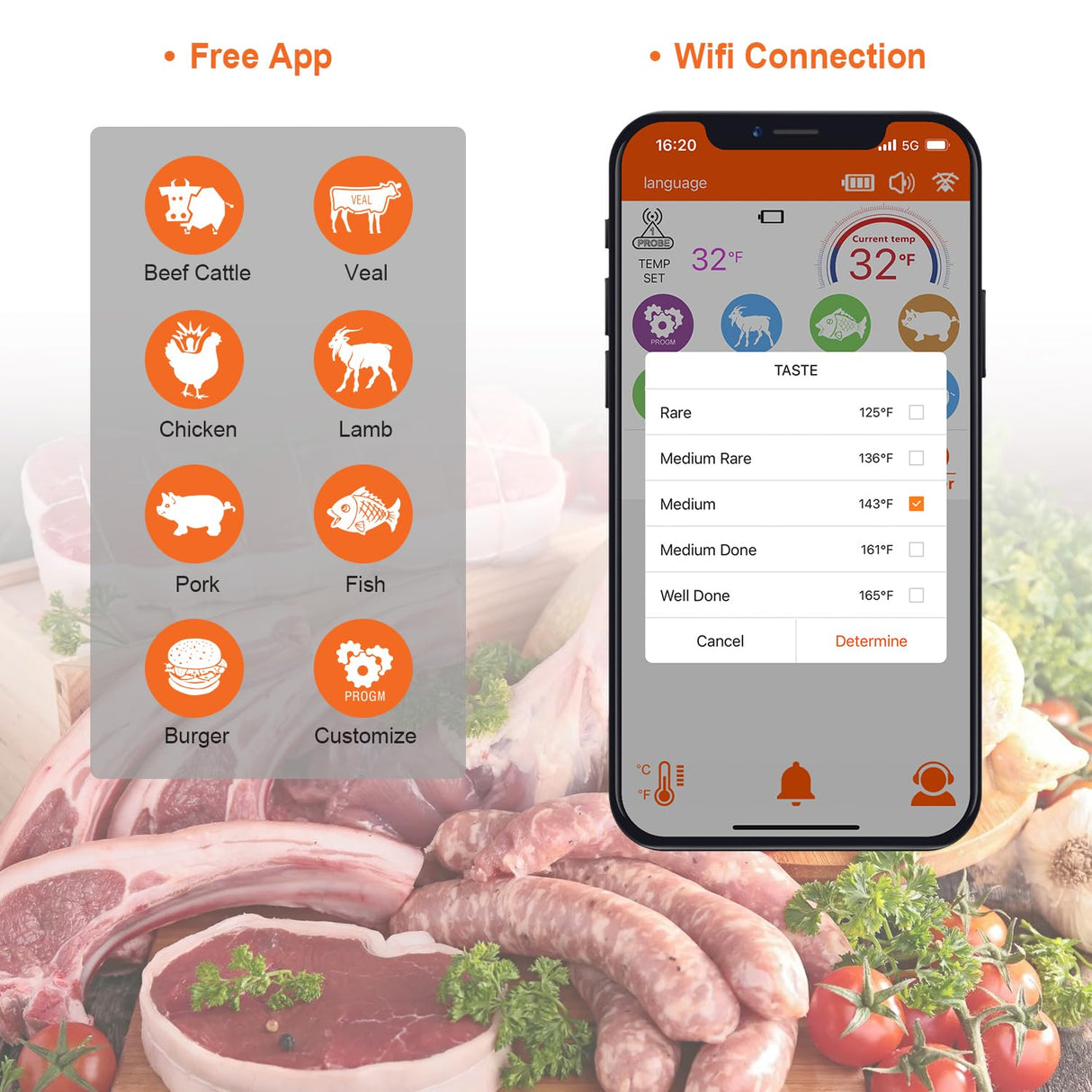Wireless Meat Thermometer – Digital Cooking Thermometer with Wireless Probe – 500Ft Remote Range Food Thermometer – with iOS & Android Read App -Preprogrammed Temperatures for BBQ, Oven, Grill Dewjom