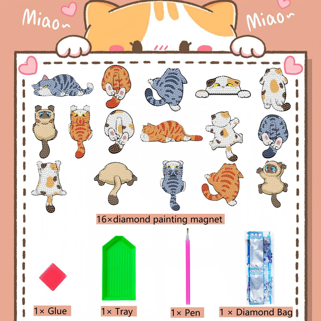 16 Pcs Cat Diamond Painting Magnets Kits,Funny Diamond Art Fridge Magnet Refrigerator Sticker Diamond Painting kit for Beginners Adults DIY Art Craft Gifts Home Decors (Funny Cats) Bulerrylulu