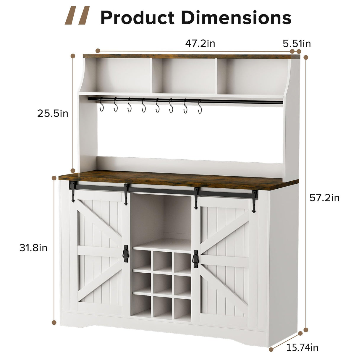SYESWAY 57" Coffee Bar, Farmhouse Coffee Bar Cabinet with 3-Tier Storage, Tall Buffet Kitchen Hutch Cabinet with 8 Hooks & 9 Wine Racks, Wine Bar Cabinet for Home, Living Room, White SYESWAY