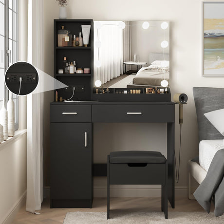 Fameill Makeup Vanity Desk with Lighted Mirror & Power Strip,Black Vanity Table Set with Lights and Lots Storage,2 Drawer Makeup Table,3 Lighting Colors,35.4in(L) Fameill