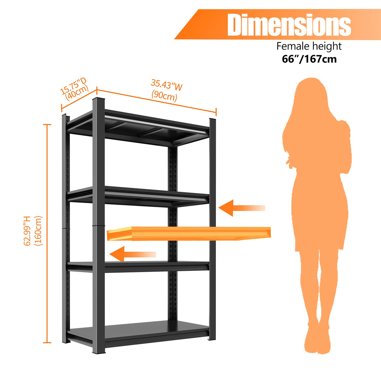 63"H Storage Shelves, 4 Tier Shelving Unit, Industrial Storage Unit, Metal Shelving Units, Adjustable Shelf Tool Storage Shelves for Garage, Garden, Outdoors, Black (35.4"W X 15.8"D X 63"H) PRESTELION