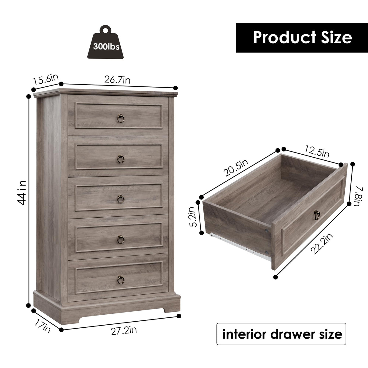 HOSTACK 5 Drawer Tall Dresser, Modern Farmhouse Chest of Drawers, Wood Dressers Organizer, Accent Storage Cabinet for Living Room, Hallway, Home Office, Ash Grey HOSTACK