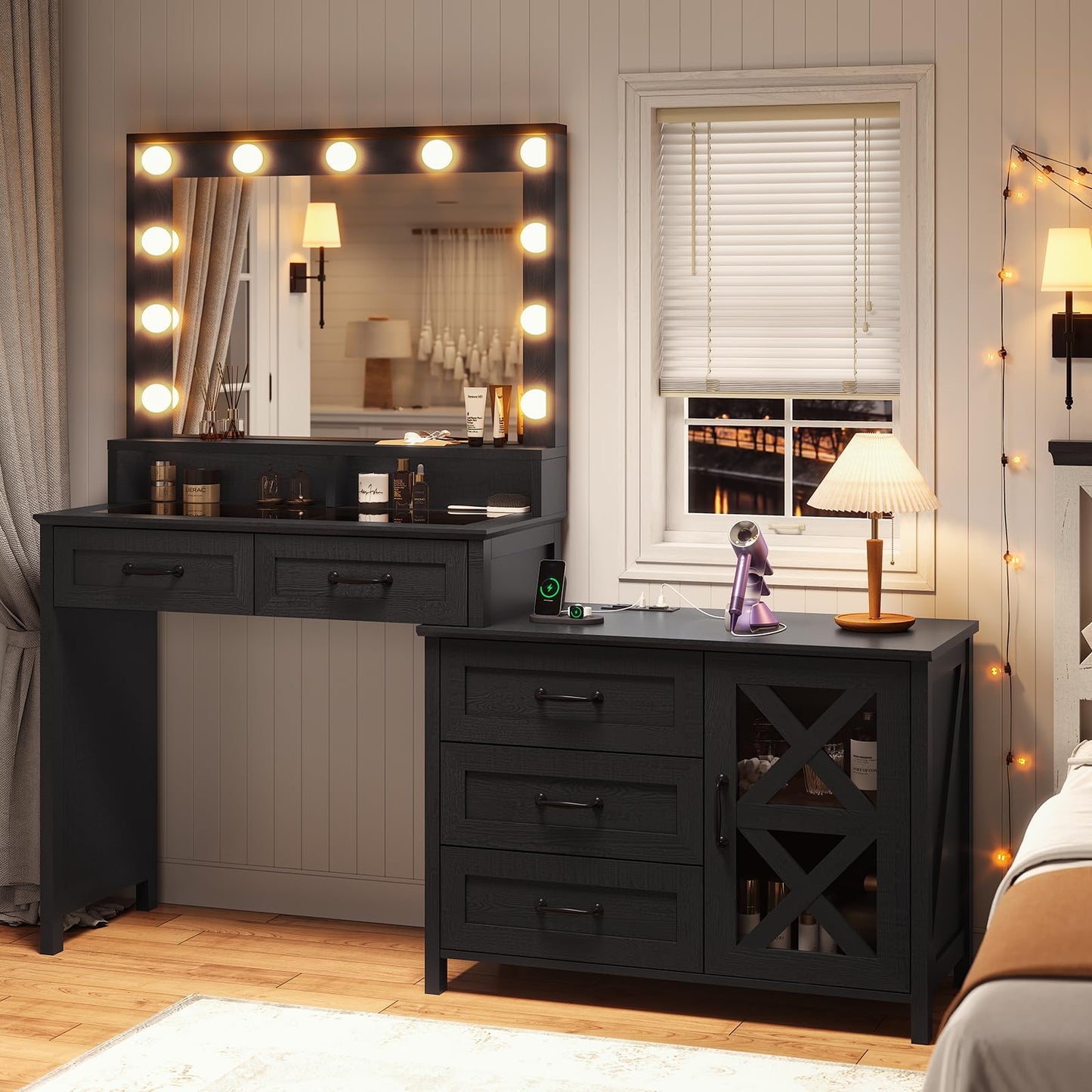 BTHFST Makeup Vanity with Glass Top & Charging Station, Vanity Desk with Large Mirror and Lights, Farmhouse Makeup Desk with Drawers & Dresser, - WoodArtSupply