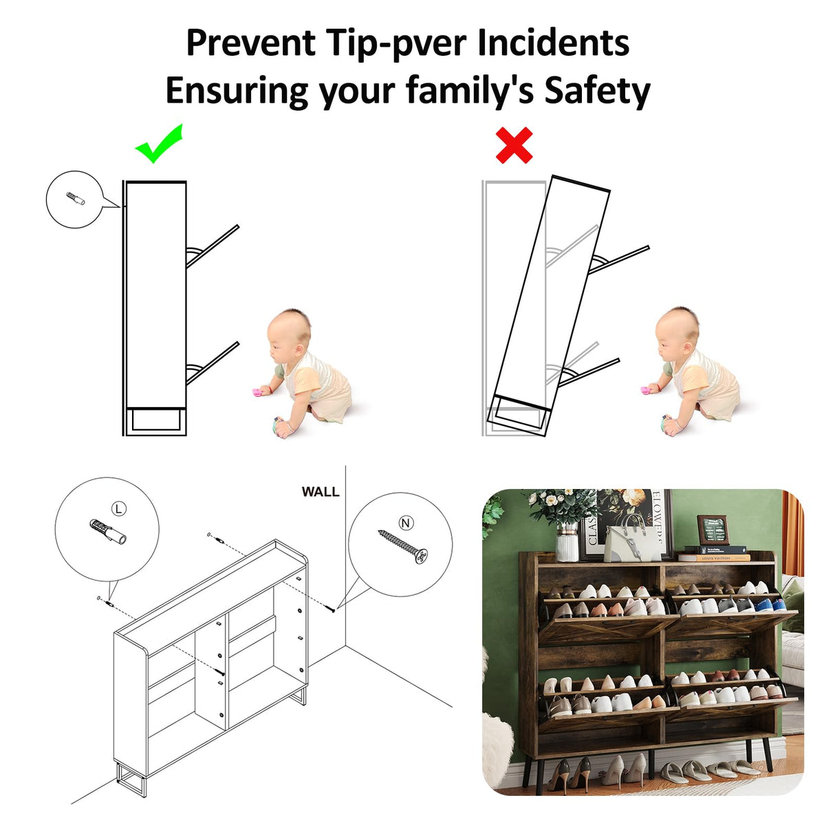 Maupvit Large Shoe Cabinet with 4 Flip Drawers, Freestanding Shoe Organizer with Metal Drawer Bracket for Entryway, Narrow Shoe Rack Cabinet, 5 Sturdy Legs, Rustic Brown Maupvit