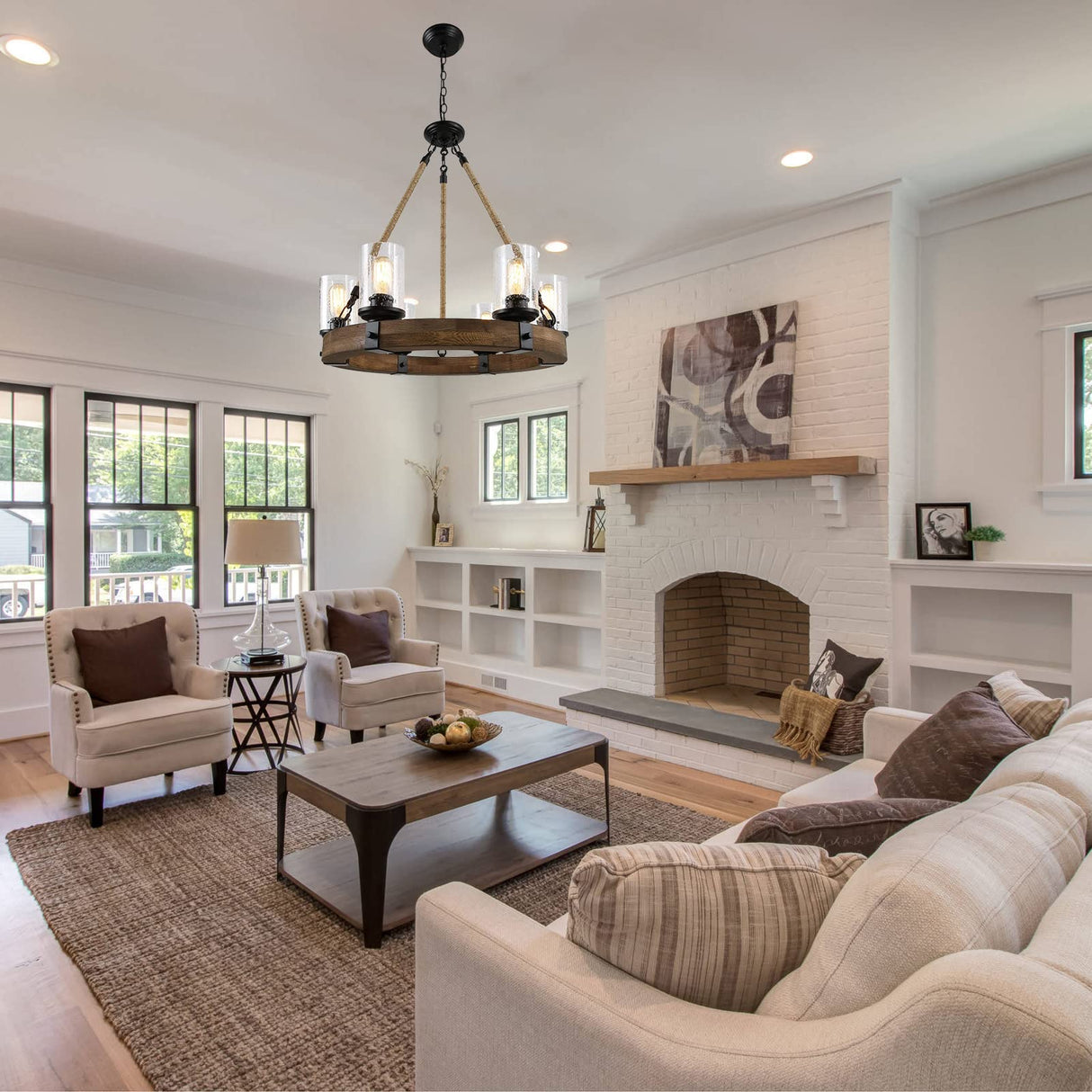 Rustic 6 Light Wagon Wheel Chandelier, Round Wood Pendant Light with Seeded Glass Shade, Farmhouse Chandeliers for Dining Room Kitchen Island Foyer Entryway BAOURE