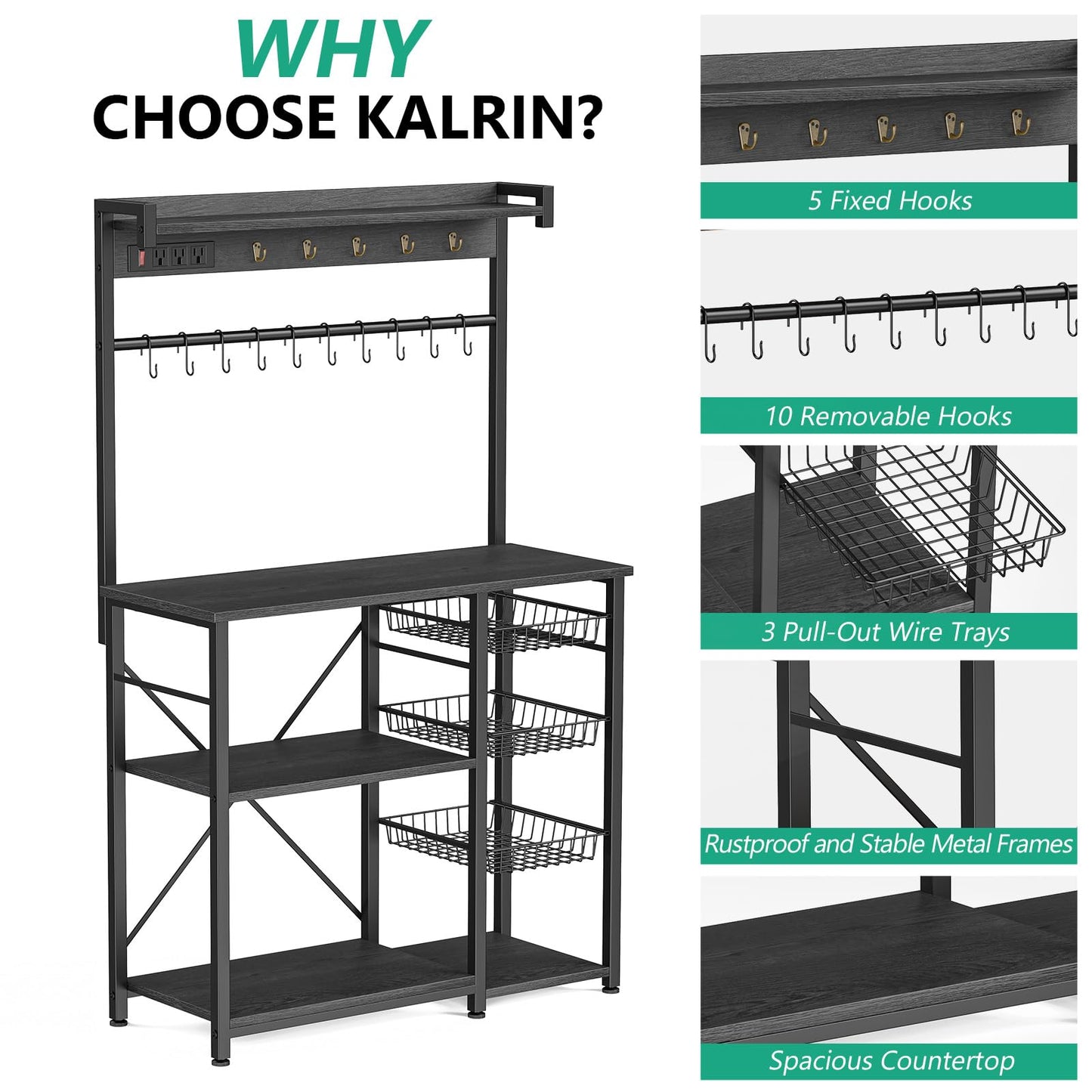 Kalrin Large Bakers Rack with Power Outlets 38.8 Inches, 15 Hooks Coffee Bar with 3 Wire Basket, Microwave Stand Kitchen Storage Shelf for Spices, Cups, Pots, 38.8 x 16.3 x 62.2 in, Gray Oak