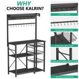 Kalrin 38.8 Inch Grey Oak Bakers Rack with Power Outlets and Hooks Kalrin
