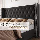 PaPaJet Upholstered Queen Bed Frame with Tall Headboard, Wingback Platform Bed, Low Profile Velvet Tufted Button, No Box Spring Needed, Easy Assembly, Black PaPaJet