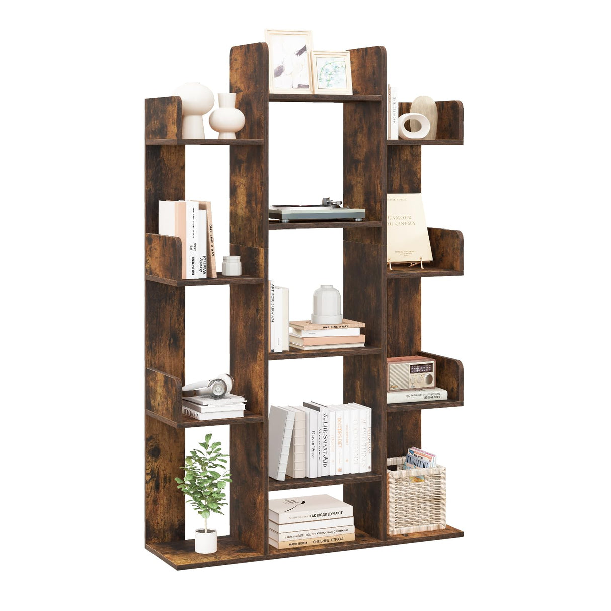 Tangkula Freestanding Tree Bookshelf, Corner Storage Organizer with 13 Open Shelves, Decorative Display Cube Shelf for Living Room, Study, Office, 34 x 9.5 x 55.5 Inch (1, Rustic Brown) Tangkula