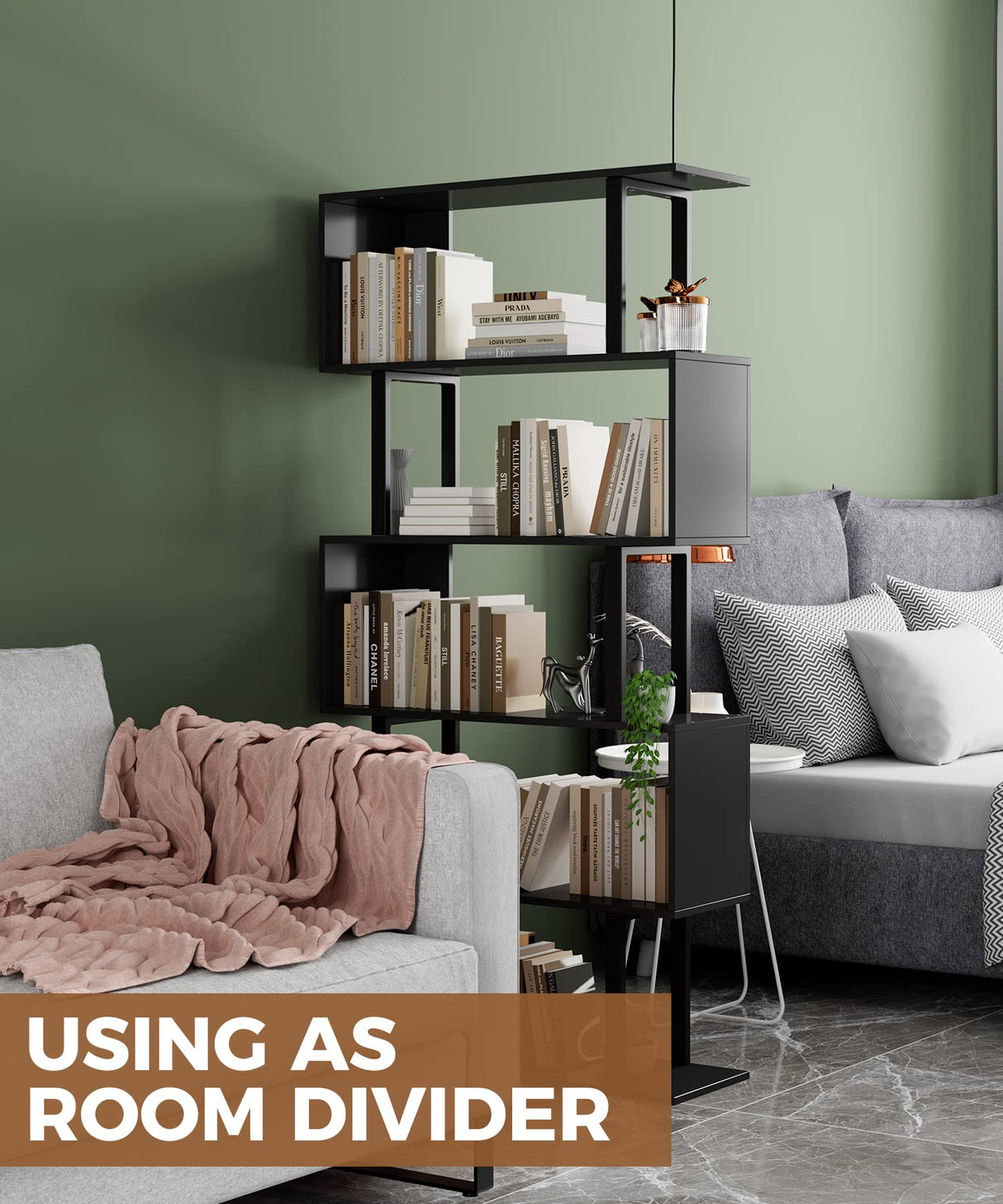 Gadroad 5-Tier Geometric Bookcase,S Shaped Bookshelf, Wood Decorative Storage Shelving, Modern Freestanding Display Shelves, Tall Book Shelf Unit for Living Room Bedroom, Black Gadroad