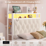 HIFIT Kids Twin Upholstered LED Canopy Bed Frame with Storage and Charging Station, Button Tufted Storage Headboard with Bookshelf, Two-Use Girls Metal Platform Bed, 4 Removable Post & 2 Drawer, Beige HIFIT
