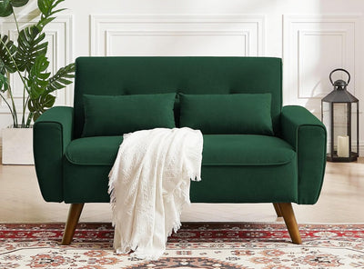 Jarenie 48" Loveseat Sofa, 2 Seater Love Seat Mid Century Modern Small Couches for Living Room Bedroom Apartment, 2 Throw Pillows and Wooden Legs, Green