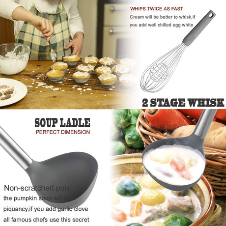 Silicone Kitchen Cooking Utensils Set with Stainless Steel Handle, Spatula Set Utensil Set, Cooking Utensil Set,Kitchen Tools Gadgets for Nonstick Cookware BECBOLDF
